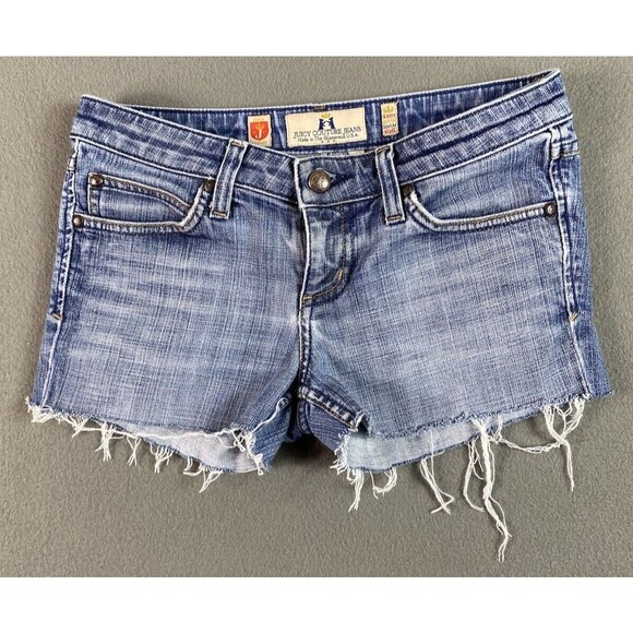 Juicy Couture Jean Shorts Womens 26x2 Blue Cut Off Shortie Frayed Low RiseTag 27 - Picture 1 of 11